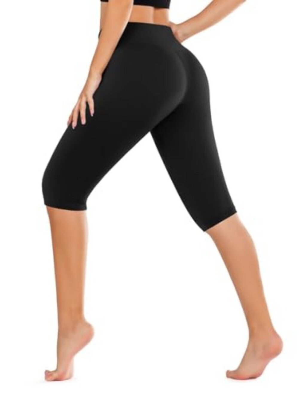 High Waisted Knee Length Leggings - Tummy Control, 4-Way Stretch,